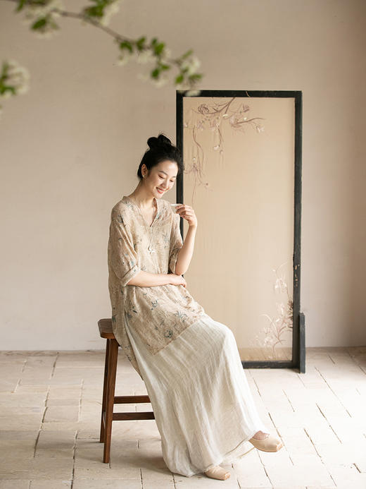 牧衣游原创 匹绣萱草花棉麻长衬衫炒色禅意文艺轻薄宽松上衣 木槿 商品图3