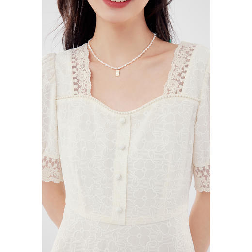 【严选】诗凡黎白色方领法式连衣裙2024夏新款流行漂亮约会气质中长裙子女SF5291101 商品图3