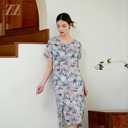 佐尔美气质竹叶图案100%桑蚕丝连衣裙女M42LS36 商品图2