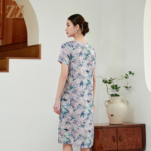 佐尔美气质竹叶图案100%桑蚕丝连衣裙女M42LS36 商品图4