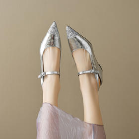 【预售5天】包头凉鞋2024夏季新款尖头银色玛丽珍女鞋一字扣带坡跟后空单鞋女DQ&DQ298X