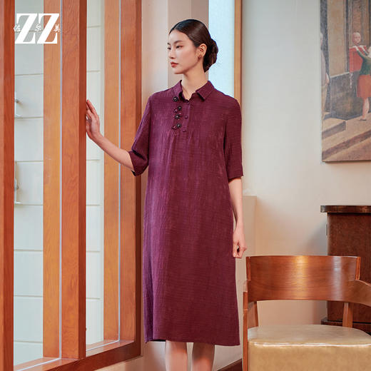 佐尔美气质新中式国风100%桑蚕丝莨绸连衣裙女M42LS13 商品图1