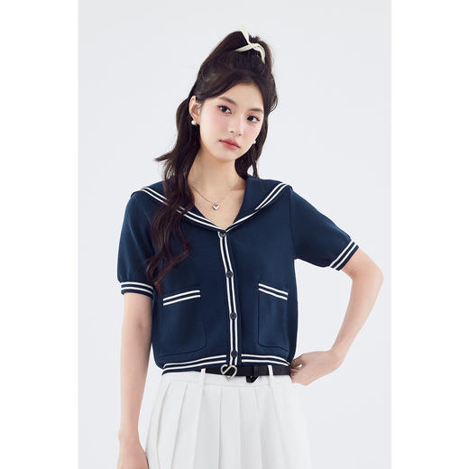 【严选】诗凡黎学院风白色海军领针织开衫2024年夏新款蓝色翻领上衣女7F5430021 商品图2