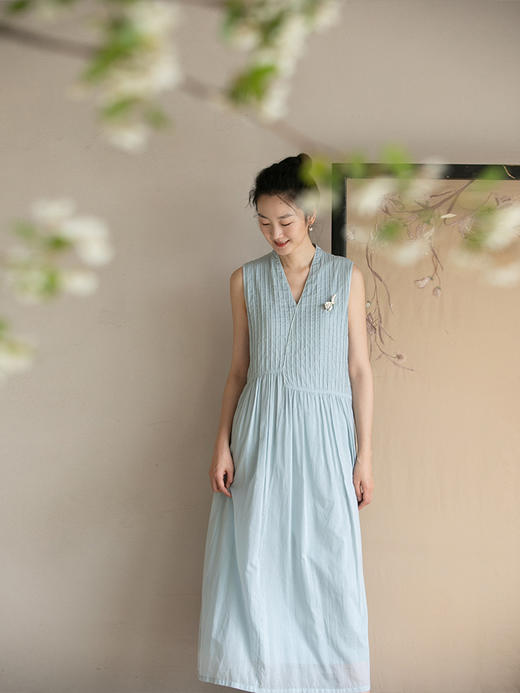 牧衣游原创 精棉打条连衣裙女夏季新款纯棉清凉禅意无袖长裙 星辞 商品图2