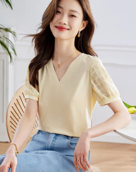 【专属特价】熙世界雪纺短袖拼接刺绣V领T恤女设计感小众黑色上衣2025夏装新款