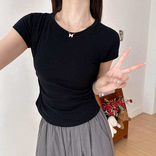 【YW】无忧购美式辣妹修身显瘦内搭正肩T两侧松紧短袖圆领/V领上衣T026（截单后3-5天发货) 商品图13