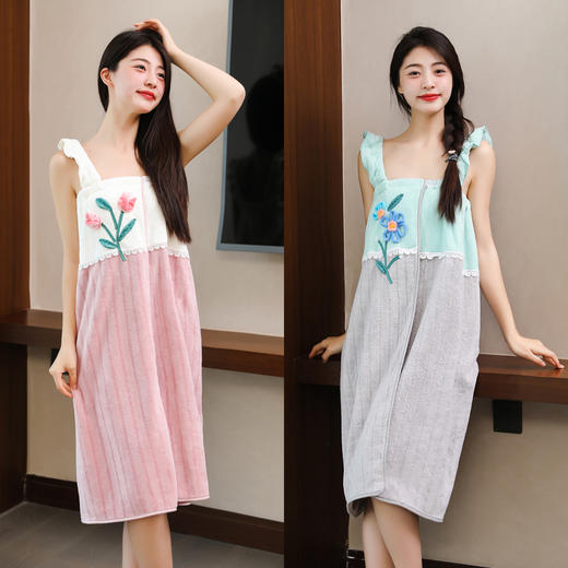 浴巾女夏天家用珊瑚绒吸水速干不掉毛大人吊带可穿可裹浴袍式浴裙_ym 商品图3