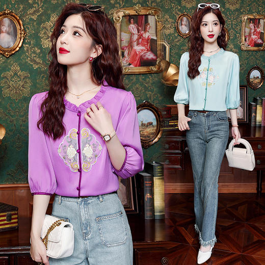 新中式国风刺绣雪纺甜美上衣K-E324N1043 商品图3