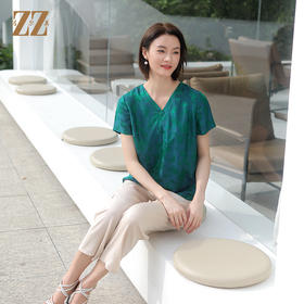 佐尔美夏季新款 气质国风V领桑蚕丝短袖衬衣女E32CS38