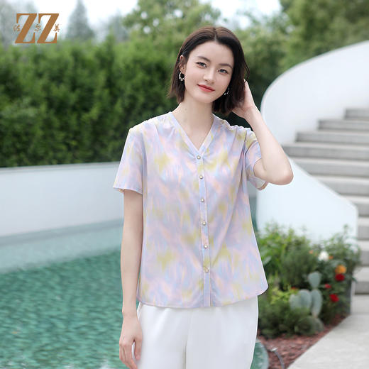 佐尔美夏季新款 气质渐变V领桑蚕丝短袖衬衣女E32CS77 商品图1