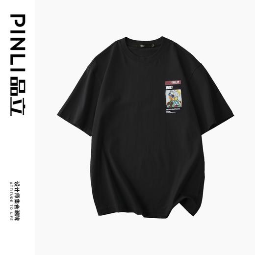PINLI品立夏季新款贴布印花短袖T恤男士潮流时尚休闲宽松上衣B242111116 商品图5