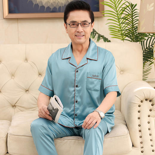【睡衣男士夏季冰丝新款】翻领开衫中老年爸爸短袖长裤睡衣 大码家居服套装 父亲节 商品图6