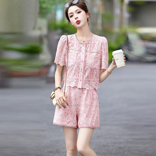 小香风时尚蕾丝，镂空刺绣上衣短裤两件套HR-CPYY8071 商品图0