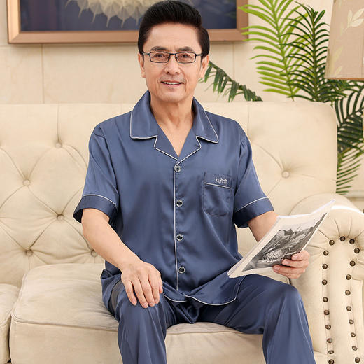 【睡衣男士夏季冰丝新款】翻领开衫中老年爸爸短袖长裤睡衣 大码家居服套装 父亲节 商品图0