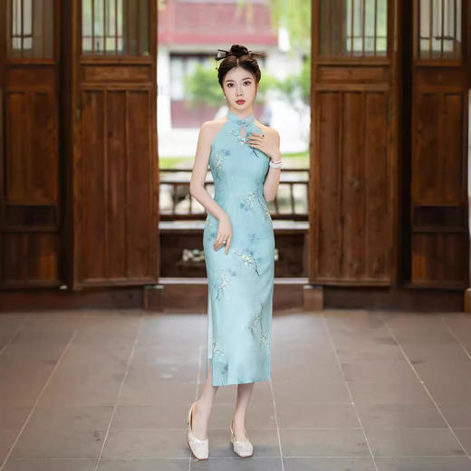 挂脖旗袍改良露肩，双层天丝麻日常写真性感旗袍ZA2003 商品图2