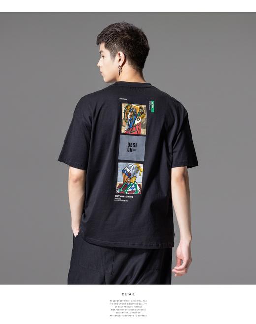PINLI品立夏季新款贴布印花短袖T恤男士潮流时尚休闲宽松上衣B242111116 商品图0