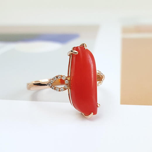 【天然正品】天然随形沙丁级红珊珊AU750玫瑰金镶钻戒指13.5号（戒圈可改）现售价：2480！100324NJS27 商品图2