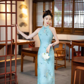 挂脖旗袍改良露肩，双层天丝麻日常写真性感旗袍ZA2003