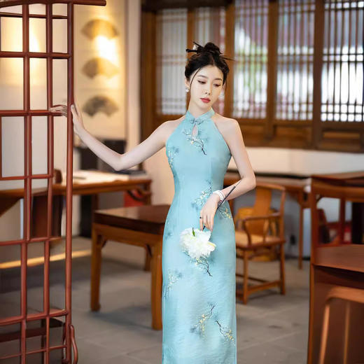 挂脖旗袍改良露肩，双层天丝麻日常写真性感旗袍ZA2003 商品图0