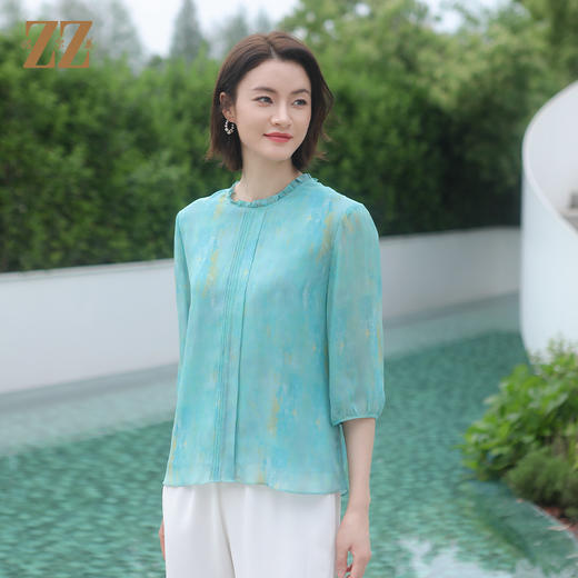 佐尔美夏季新款 气质渐变100%桑蚕丝短袖衬衣女E32CS58 商品图1