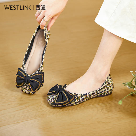 西遇小香风软底单鞋女新款法式晚风蝴蝶结浅口方头平底鞋V0033880 商品图0
