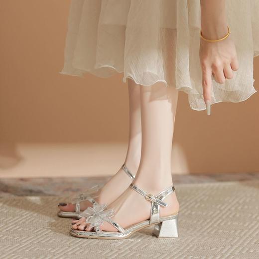 ZHR洋气超软外出凉鞋女2024新款夏季一字带绝美高跟鞋蝴蝶结女鞋 商品图7