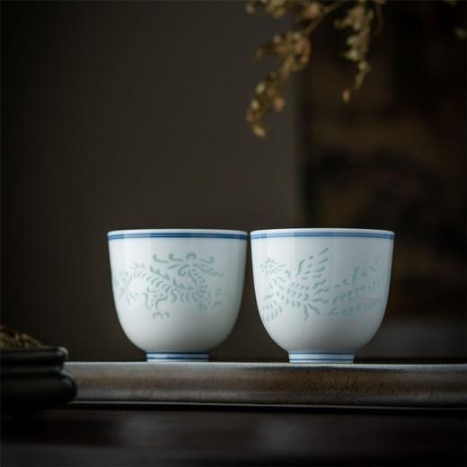 富玉窑 玲珑主人杯 青花玲珑海水纹龙凤对杯 商品图3