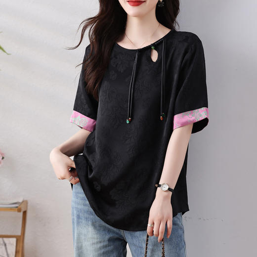雀说新中式盘扣圆领提花拼接短袖T恤女简约百搭宽松显瘦小衫AL7129 商品图5