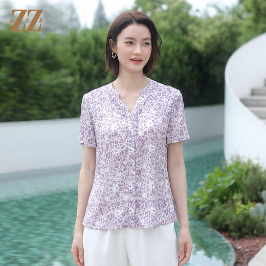 佐尔美夏季新款 气质时尚碎花桑蚕丝短袖衬衣女E32CS78 商品图3