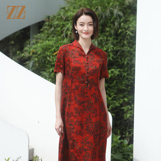 佐尔美夏季新款 新中式国风气质桑蚕丝中长连衣裙女E32LS85 商品图1