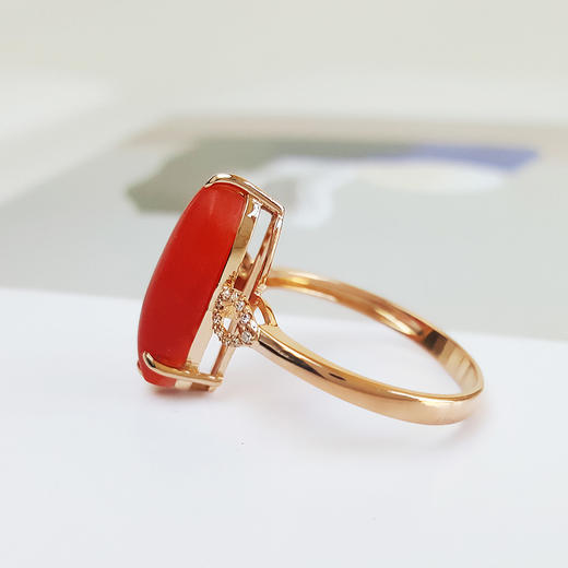 【天然正品】天然随形沙丁级红珊珊AU750玫瑰金镶钻戒指13.5号（戒圈可改）现售价：2480！100324NJS27 商品图3