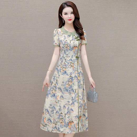 优美复古改良，中式印花裙中长款A字裙QYM-LRX-4158291-Y 商品图1