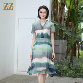 佐尔美夏季新款 气质时尚V领渐变桑蚕丝中长连衣裙女E32LS92