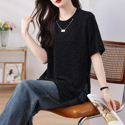 雀说圆领T恤新款高圆领满天星斜切细闪宽松休闲短袖上衣AL7130 商品图3