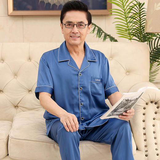 【睡衣男士夏季冰丝新款】翻领开衫中老年爸爸短袖长裤睡衣 大码家居服套装 父亲节 商品图10