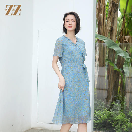 佐尔美夏季新款 气质小碎花V领100%桑蚕丝中长连衣裙女E32LS05 商品图1
