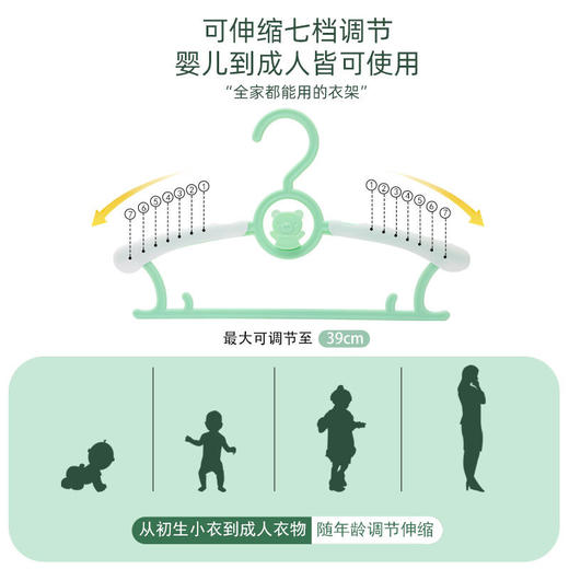 【小熊连挂儿童伸缩衣架】儿童衣架婴儿宝宝专用，21°科学弧度立体支撑防鼓包防滑落，衣服架小孩新生儿晾衣架子伸缩家用挂衣神器QQ 商品图3
