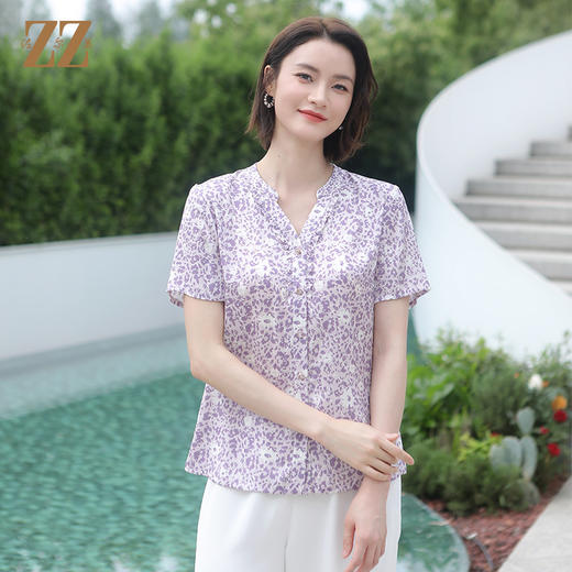 佐尔美夏季新款 气质时尚碎花桑蚕丝短袖衬衣女E32CS78 商品图2