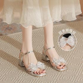 ZHR洋气超软外出凉鞋女2024新款夏季一字带绝美高跟鞋蝴蝶结女鞋