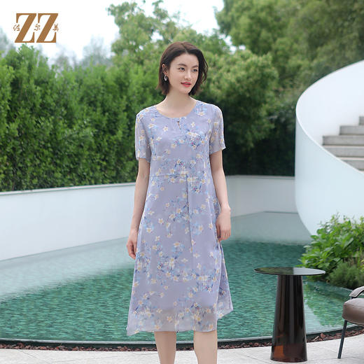 佐尔美夏季新款 优雅气质花朵图案桑蚕丝中长连衣裙女E32LS56 商品图0
