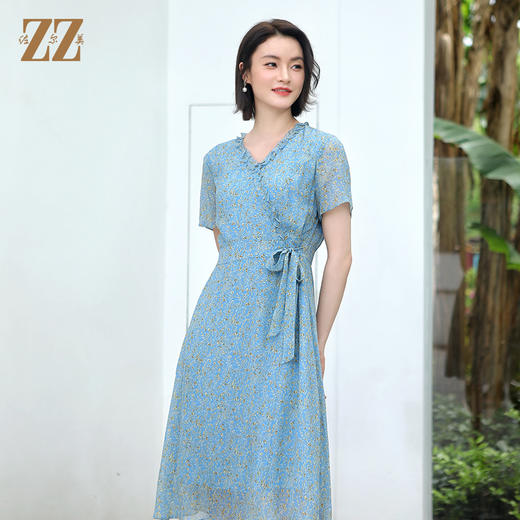 佐尔美夏季新款 气质小碎花V领100%桑蚕丝中长连衣裙女E32LS05 商品图0