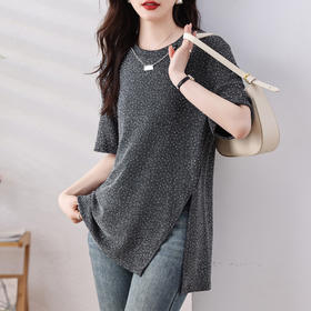 雀说圆领T恤新款高圆领满天星斜切细闪宽松休闲短袖上衣AL7130