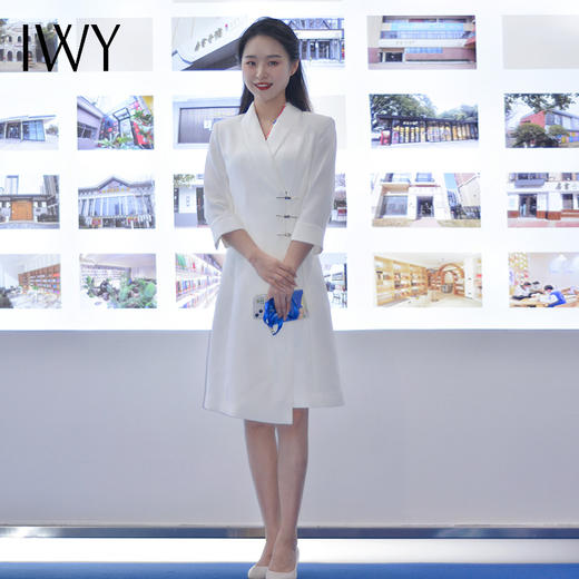IWY/白色国风新中式连衣裙七分袖女气质上镜演讲比赛主持人正装裙Q1131-W 商品图3