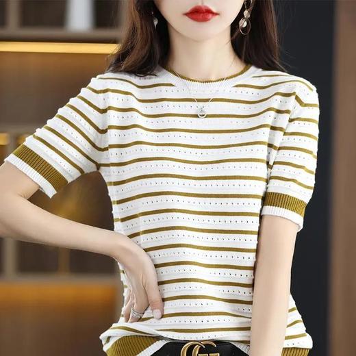 薄款冰丝韩版拼色条纹镂空圆领宽松百搭针织衫 商品图2