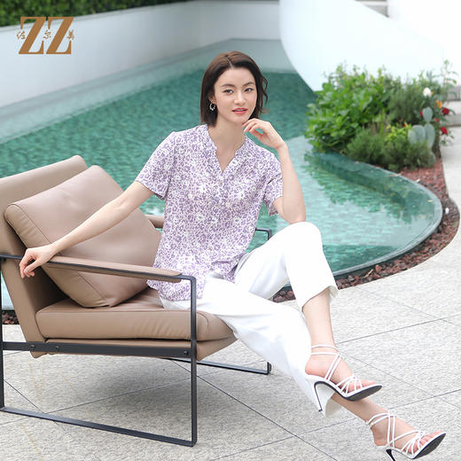 佐尔美夏季新款 气质时尚碎花桑蚕丝短袖衬衣女E32CS78 商品图0