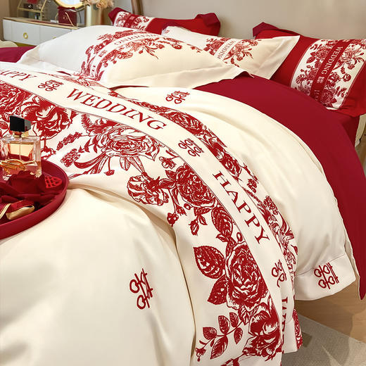 轻奢结婚四件套中式印花高级感红色被套喜庆新婚 商品图5