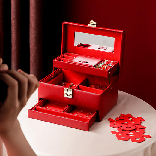 首饰盒收纳盒带锁轻奢饰品箱梳妆盒结婚新婚礼物首饰箱 商品图3