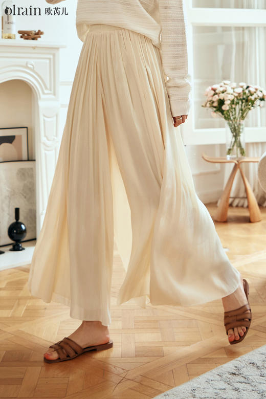 老板娘自留款巨飘逸超显瘦！垂顺不走光！不挑腿型谁穿都好看！OLrain欧芮儿杏黄色休闲裤女早春2024年新款时尚百搭阔腿裙裤 商品图9