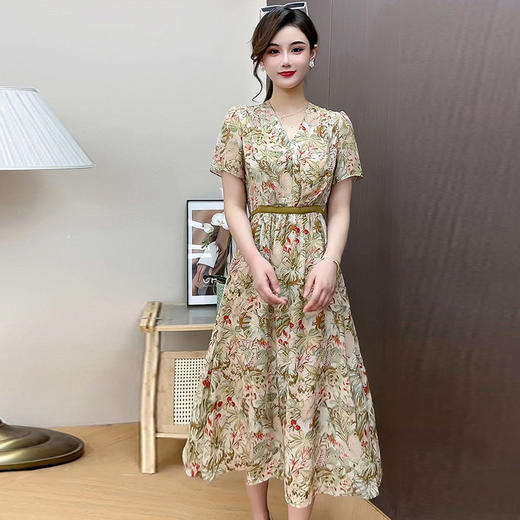 印花洋气V领时尚连衣裙，短袖修身显瘦休闲雪纺裙QYM- XYKL-MB1060-L 商品图1