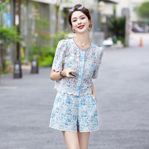 小香风时尚蕾丝，镂空刺绣上衣短裤两件套HR-CPYY8071 商品图1
